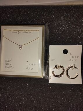 a new day Gold-Plated Pearl Pendant Necklace and Crystal Hoop Earrings Set